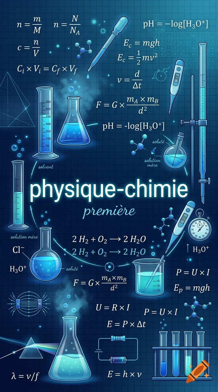 An educational illustration for physics and chemistry with scientific formulas, lab equipment like beakers and flasks, and the text physique-chimie première.