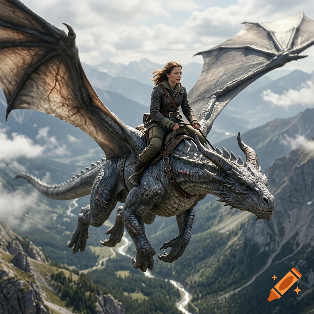 A photorealistic image of a young woman riding a large grey dragon in flight over mountains.