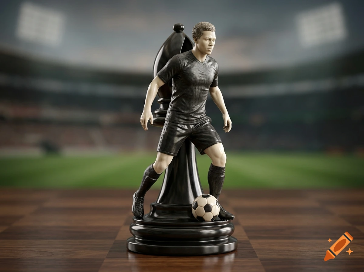 A photorealistic chess piece shaped like a soccer player acting as a winger, standing on a chessboard with a stadium background.