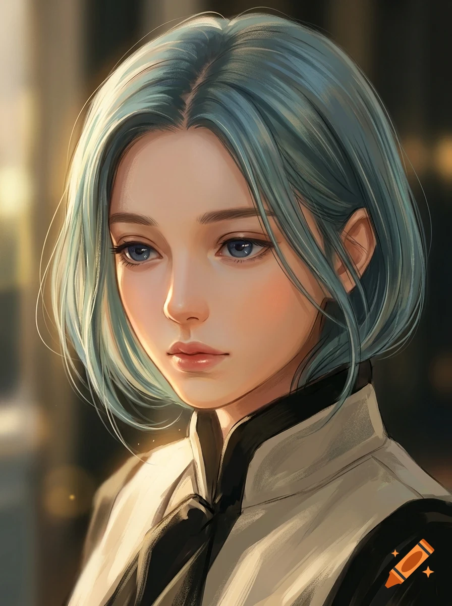Portrait of a young person with short teal hair and blue eyes, wearing a light-colored jacket with a dark collar.