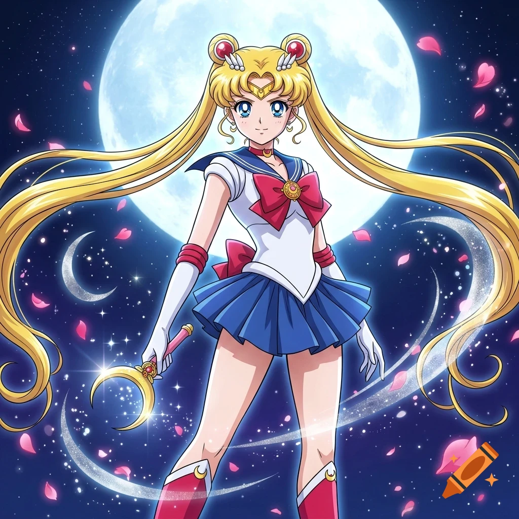 An anime-style illustration of Sailor Moon standing in front of a full moon against a starry night sky, holding a crescent wand.