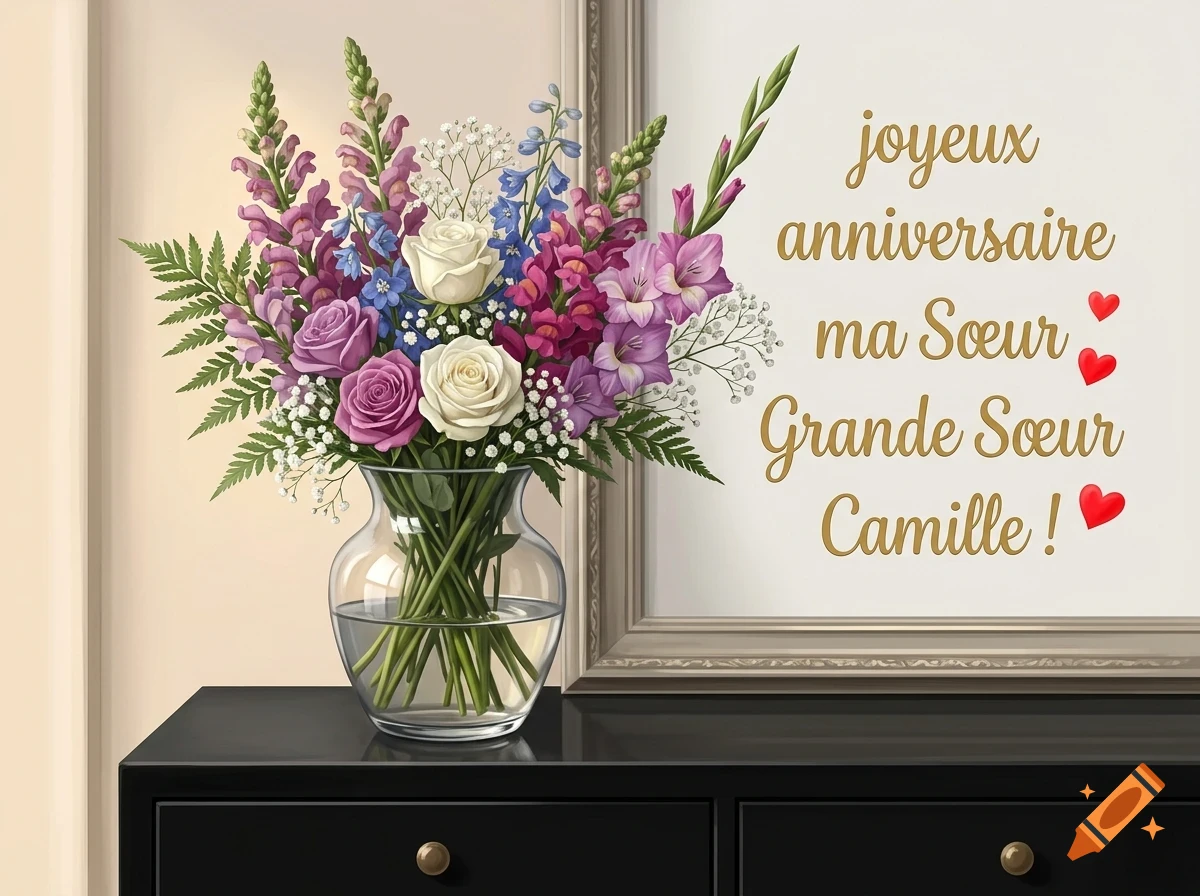 A greeting card with a vase of colorful flowers and French birthday wishes.