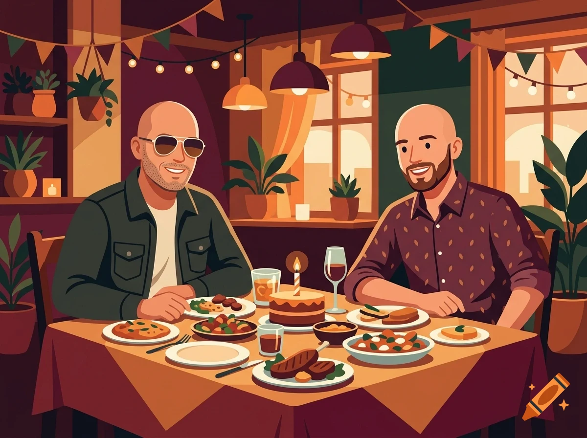 Two men seated at a restaurant table filled with various dishes, a small cake with a single candle, and drinks.