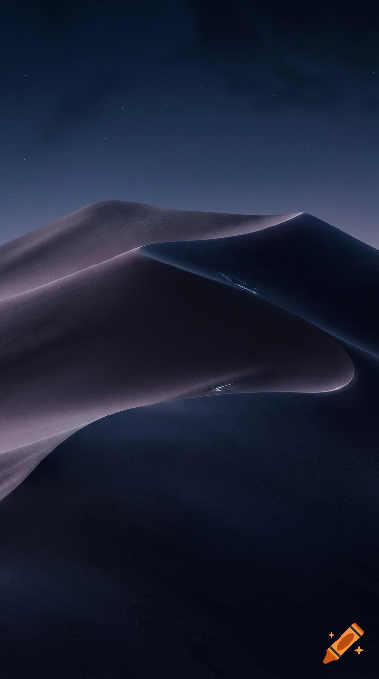 Minimalist digital illustration of a dark purple and blue sand dune under a starry night sky.