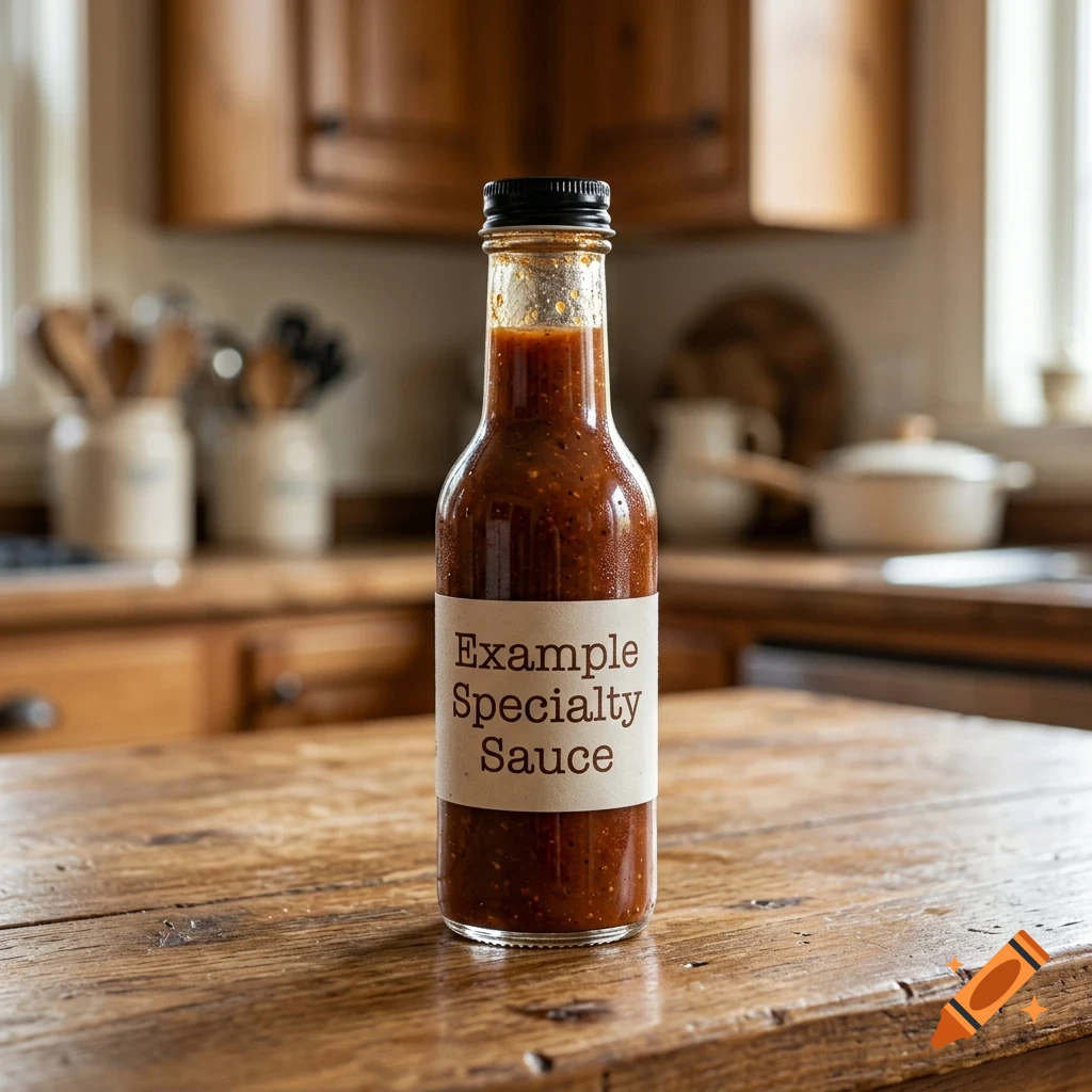 A glass bottle of specialty sauce with a white label stands on a wooden table inside a rustic kitchen.