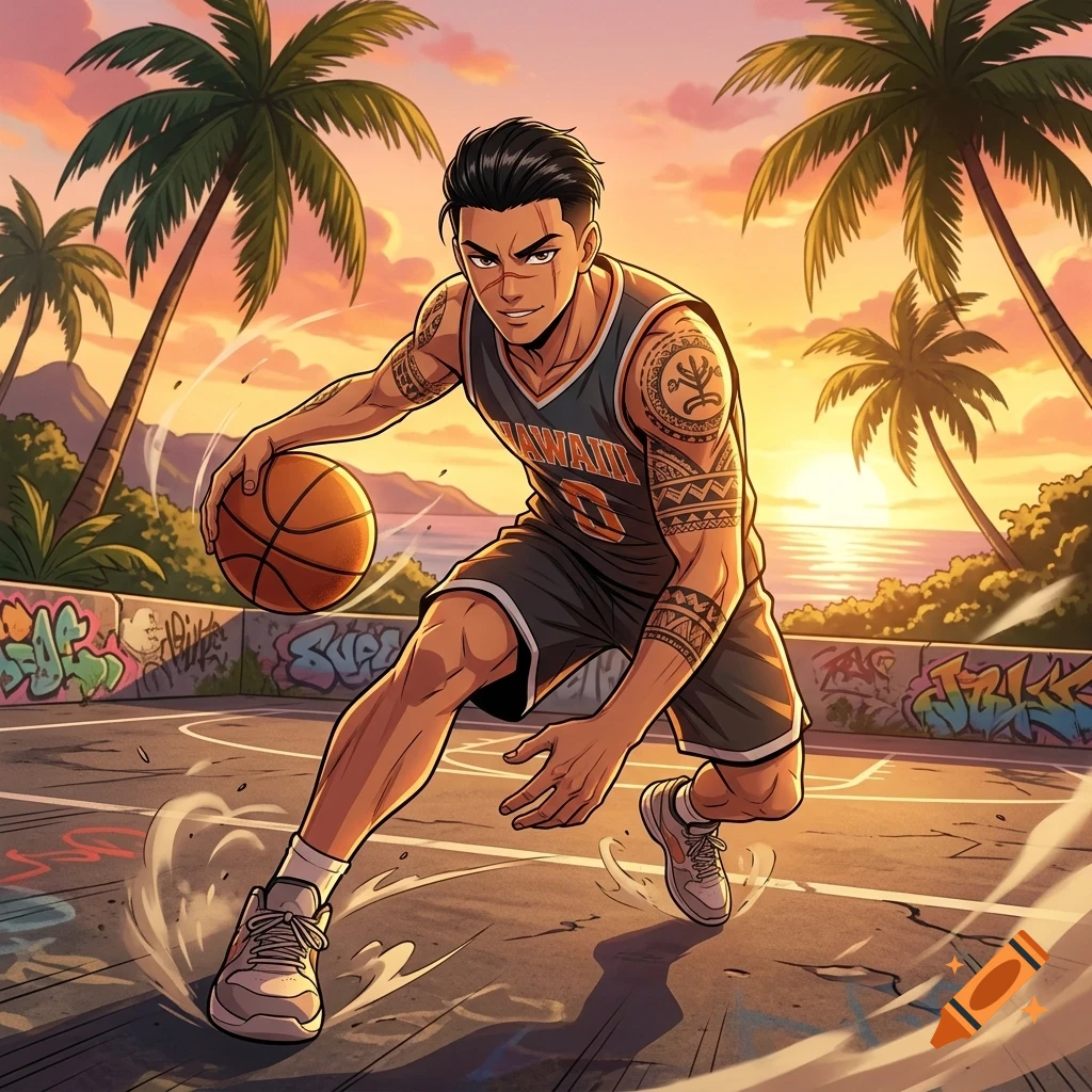 An anime-style male basketball player dribbling a ball on an outdoor court at sunset, with palm trees and a coastal view in the background.