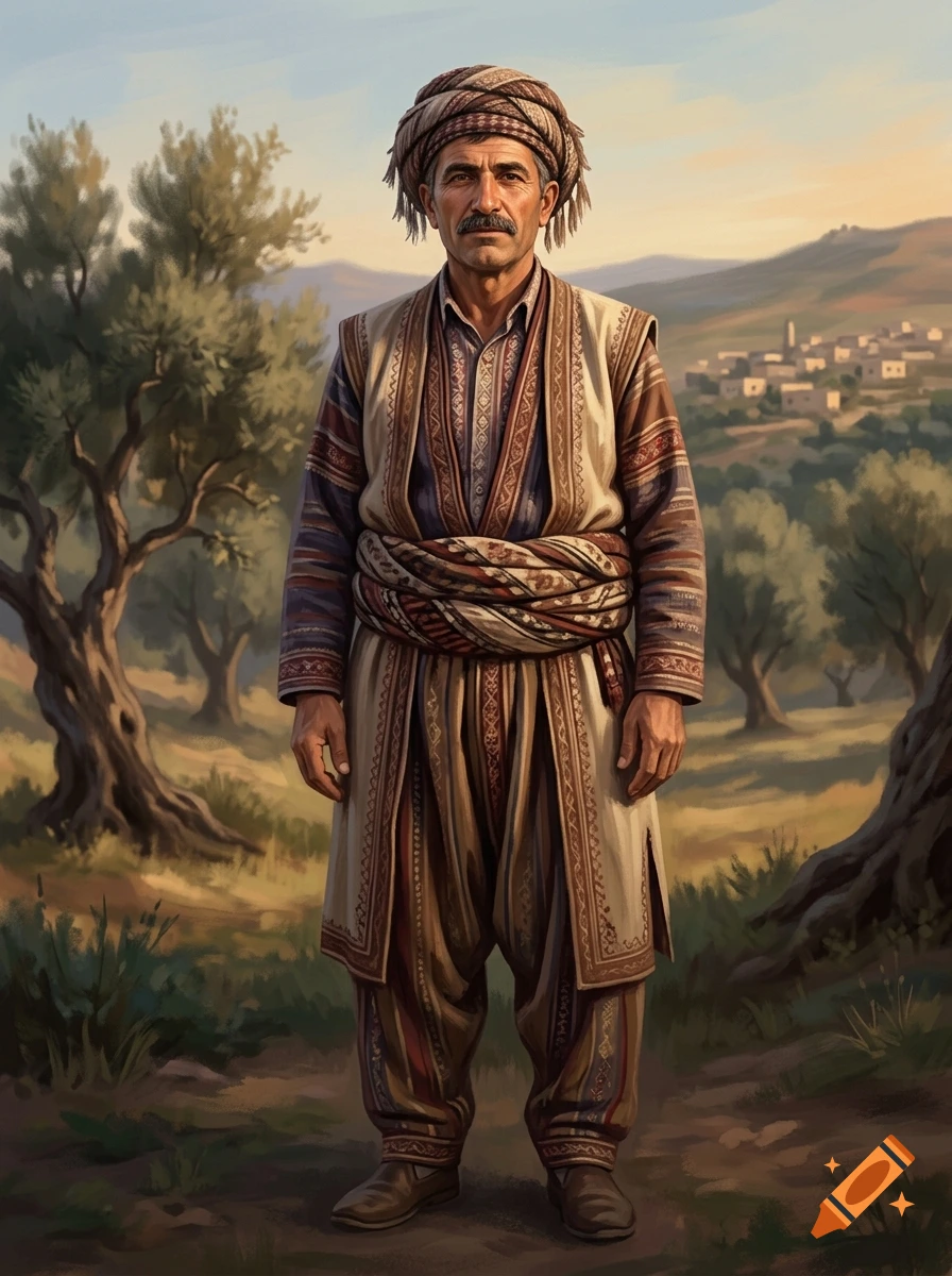 Digital painting of a man in traditional Afrin clothing and turban standing proudly in an olive grove.