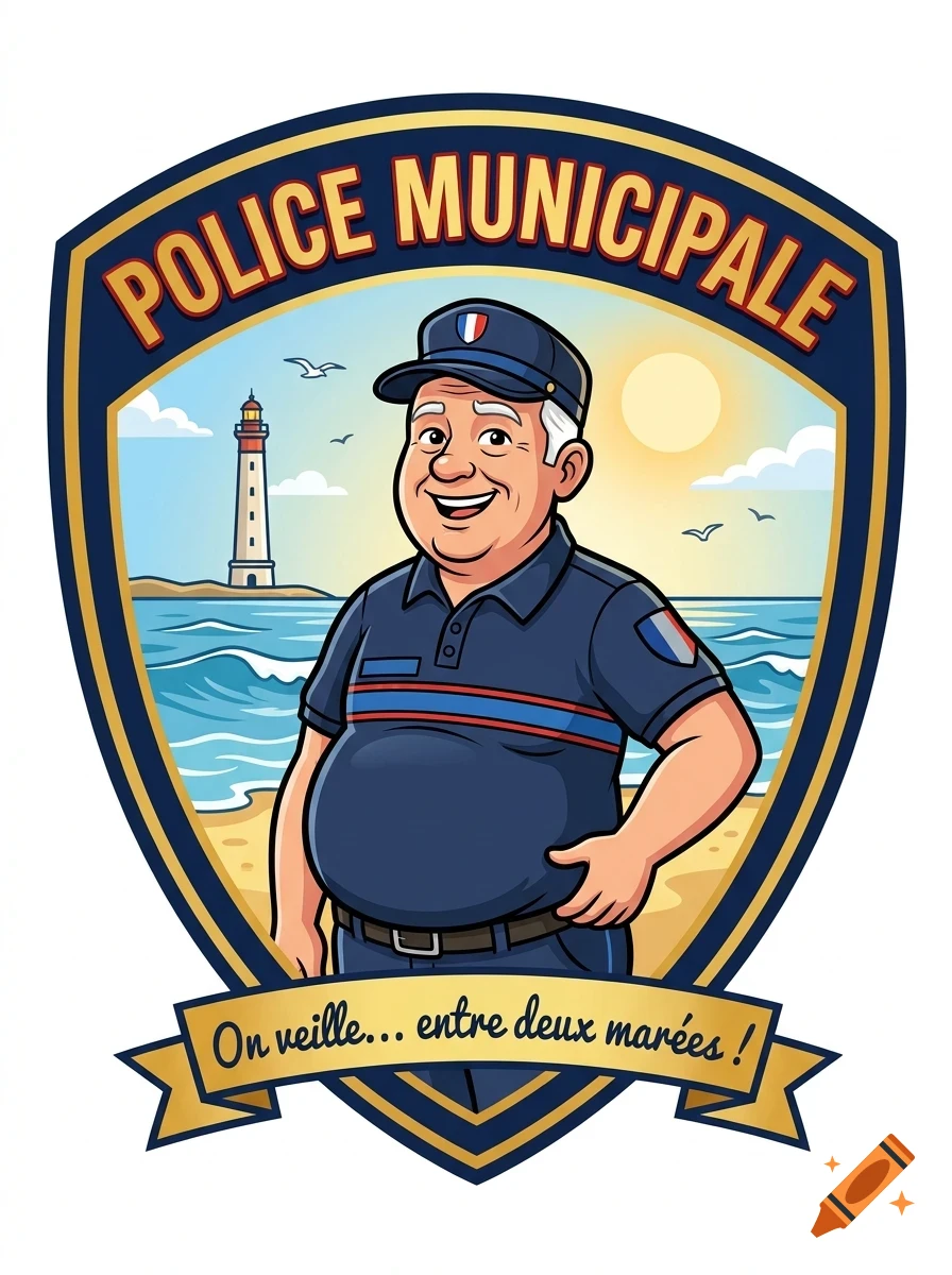 A cartoon emblem featuring a smiling municipal police officer in front of a coastal beach scene with a lighthouse, bearing the text POLICE MUNICIPALE and On veille... entre deux marées !