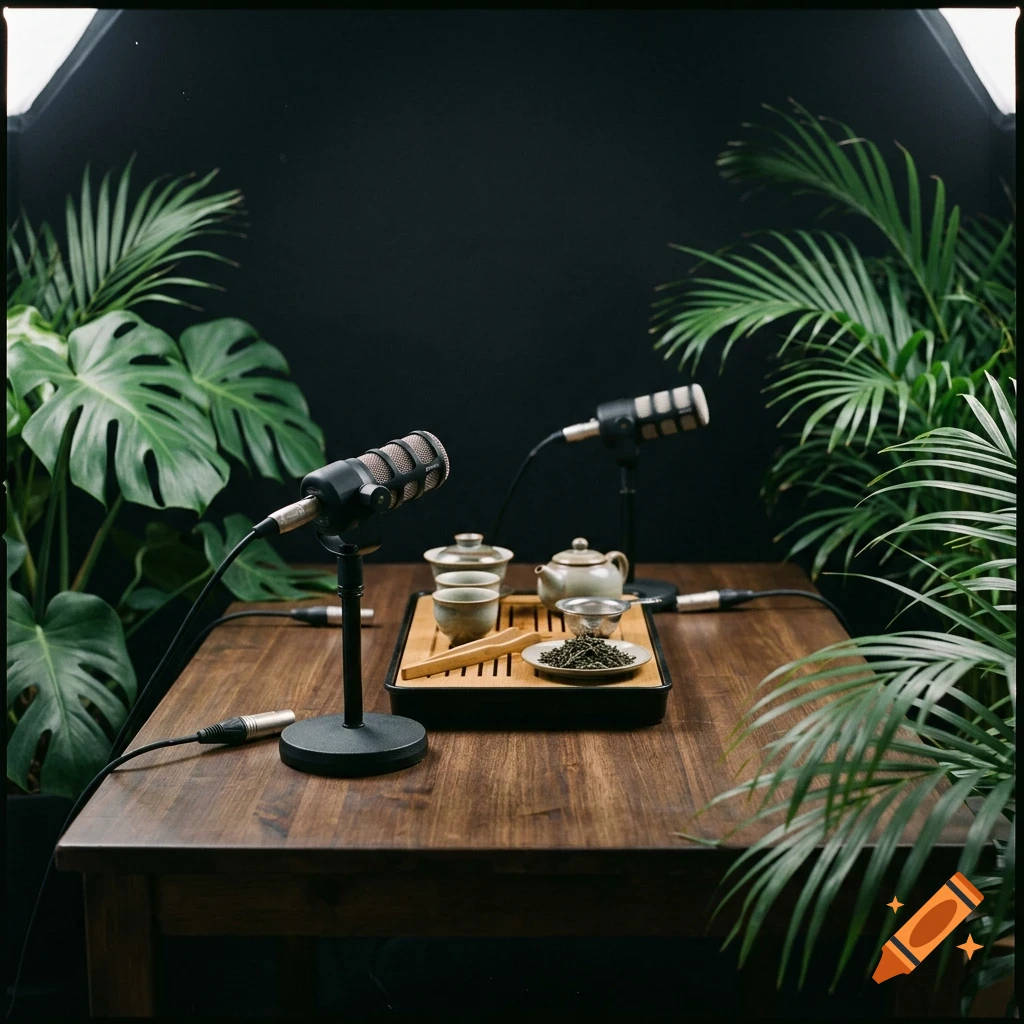 Two podcast microphones and a tea set are arranged on a wooden table surrounded by large green houseplants.