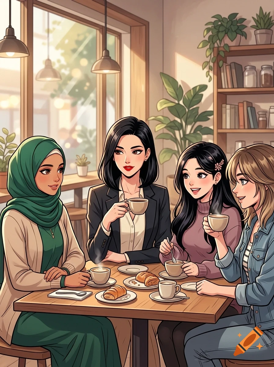 Four diverse women sitting together around a wooden table in a cafe, drinking coffee and eating pastries, surrounded by plants and shelving.