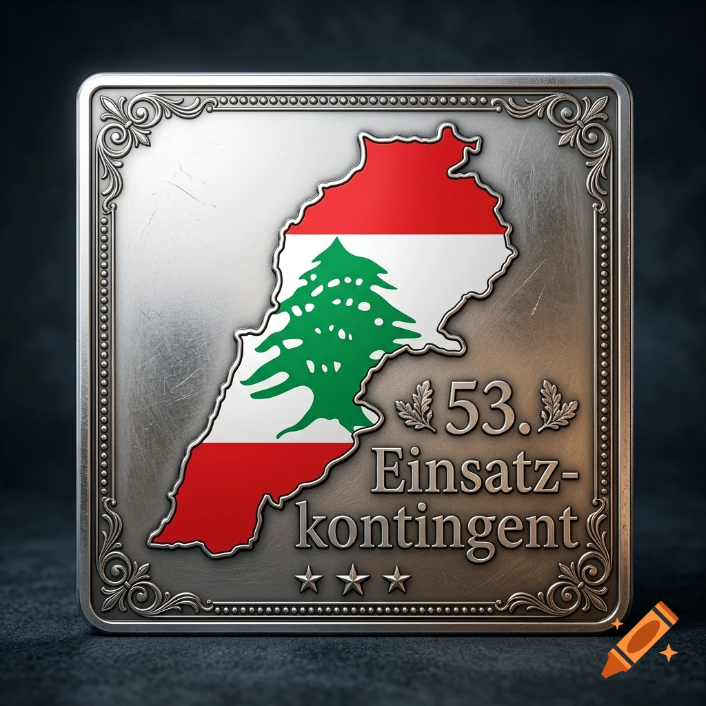 A rectangular silver coin with a decorative border, featuring the outline of Lebanon filled with its flag and the text 53. Einsatzkontingent.
