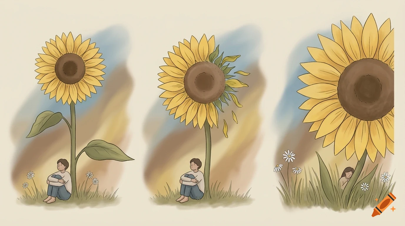 Three sequential illustrations showing a person sitting under a sunflower, with the flower petals gradually falling off and the person growing smaller or the flower growing larger.