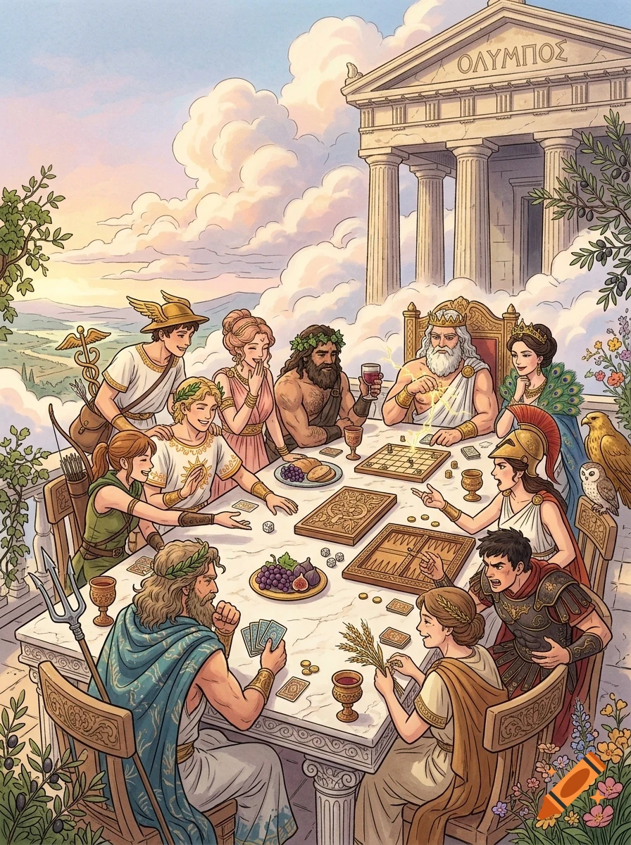 Illustration depicting Greek gods gathered around a table on Mount Olympus playing board games and card games.