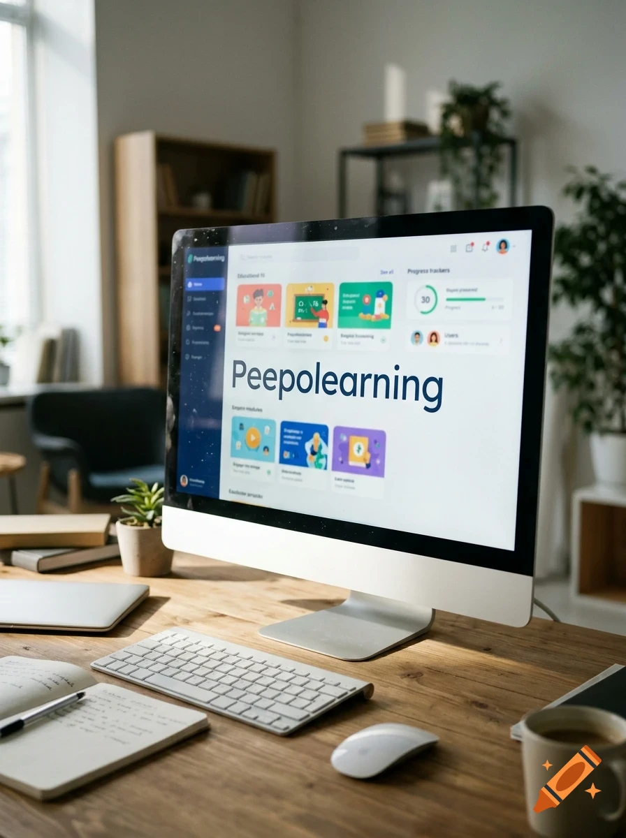 A computer monitor displaying the Peepolearning website on a wooden desk with a keyboard, mouse, and notebook in a bright room.