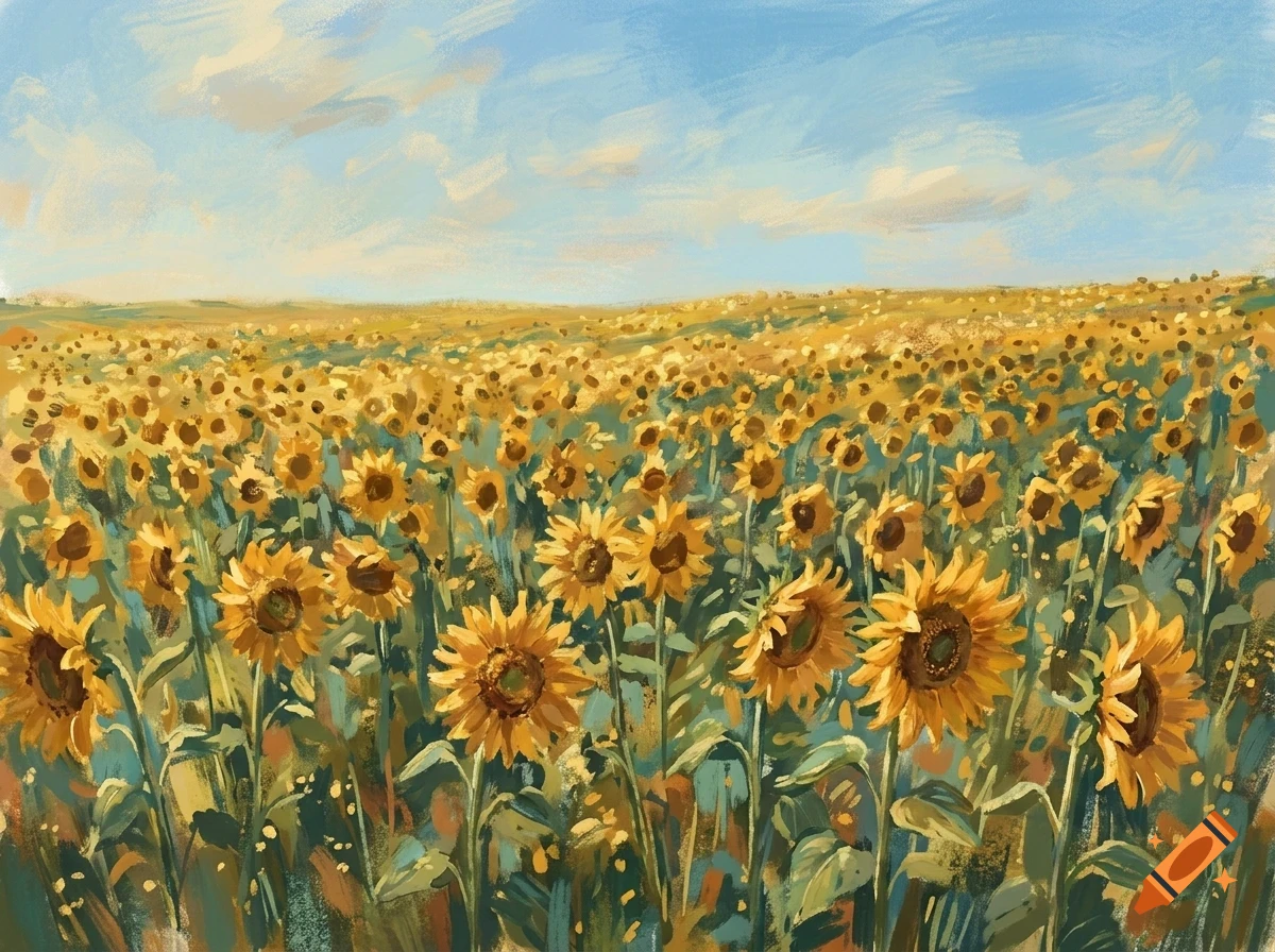 A digital painting of a vast field of blooming sunflowers under a partly cloudy blue sky.