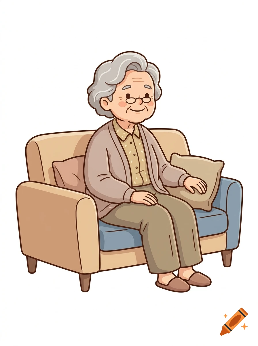 Digital illustration of an elderly woman with grey hair sitting on a beige couch wearing slippers and a cardigan.