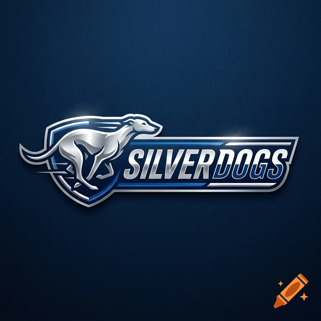 Athletic logo featuring a silver running greyhound in a shield next to the text SILVER DOGS in polished chrome and blue.