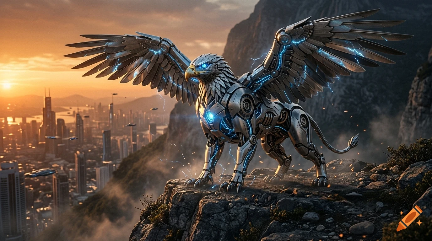 A futuristic robotic griffin with glowing blue eyes and energy circuits stands on a rocky mountain ledge overlooking a sprawling futuristic city at sunset.