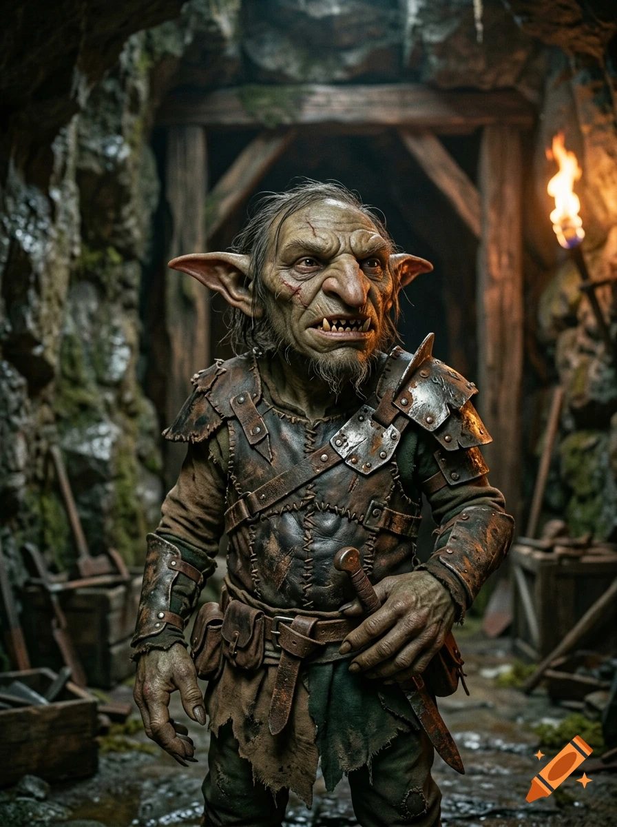 Photorealistic medium shot of a detailed goblin in leather armor standing in a stone cave with a torch.