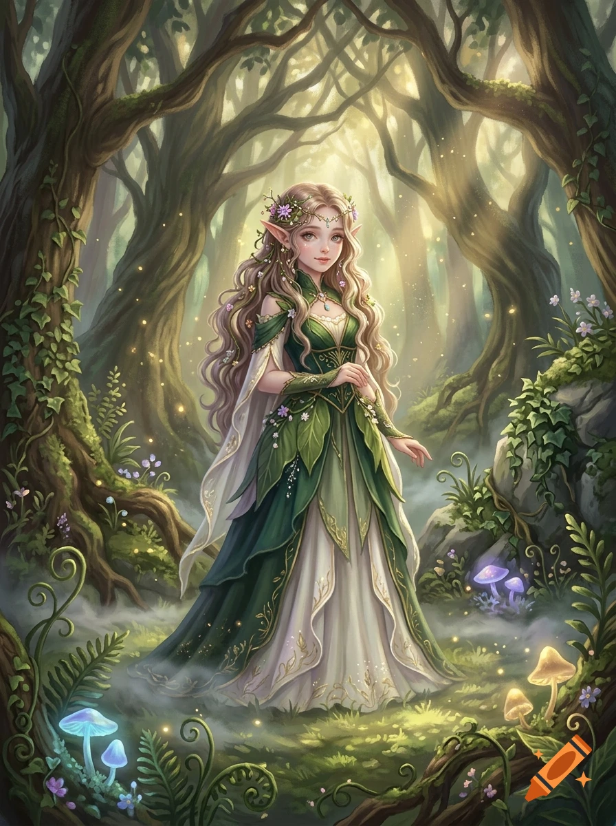 An illustration of a fantasy elven woman with long wavy hair and a green leaf-patterned dress in a magical forest.