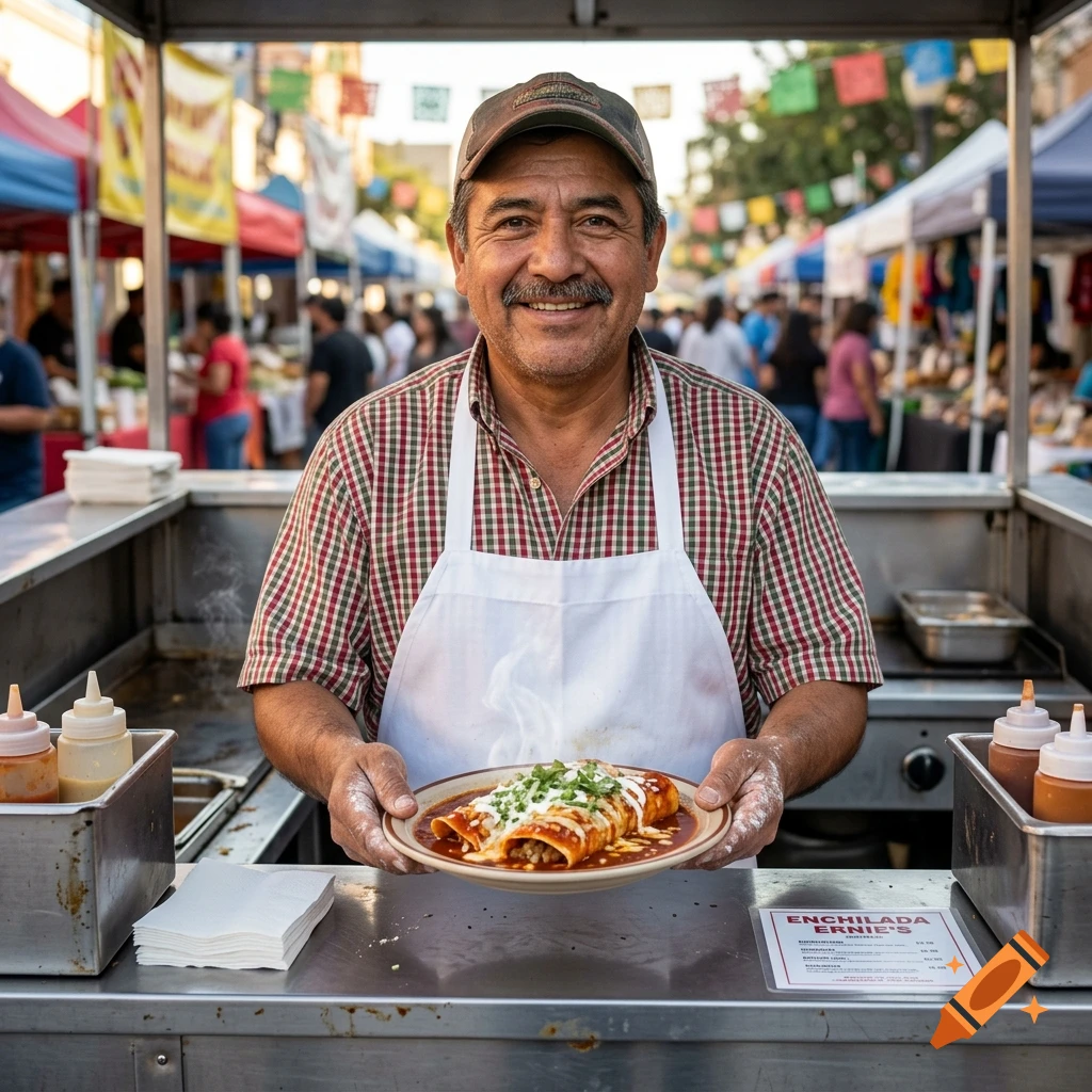 Photorealistic portrait of a smiling vendor holding a plate of enchiladas at a bustling outdoor food market.