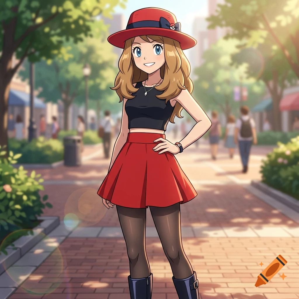 Anime style illustration of Serena from Pokémon wearing a red hat, black crop top, and red skirt on a city street.