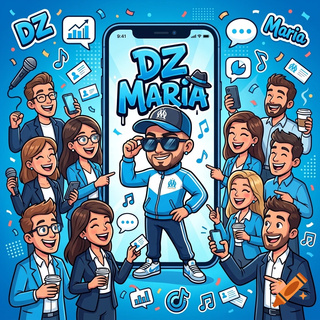 Cartoon illustration of a central male figure in a tracksuit and sunglasses inside a smartphone screen, surrounded by colleagues.