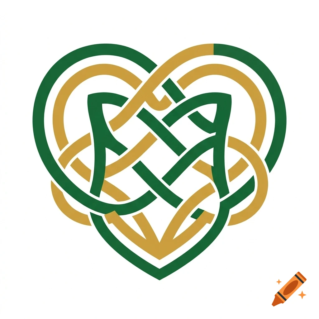 An intricate Celtic knot design in green and gold, forming a heart shape with overlapping interwoven bands.