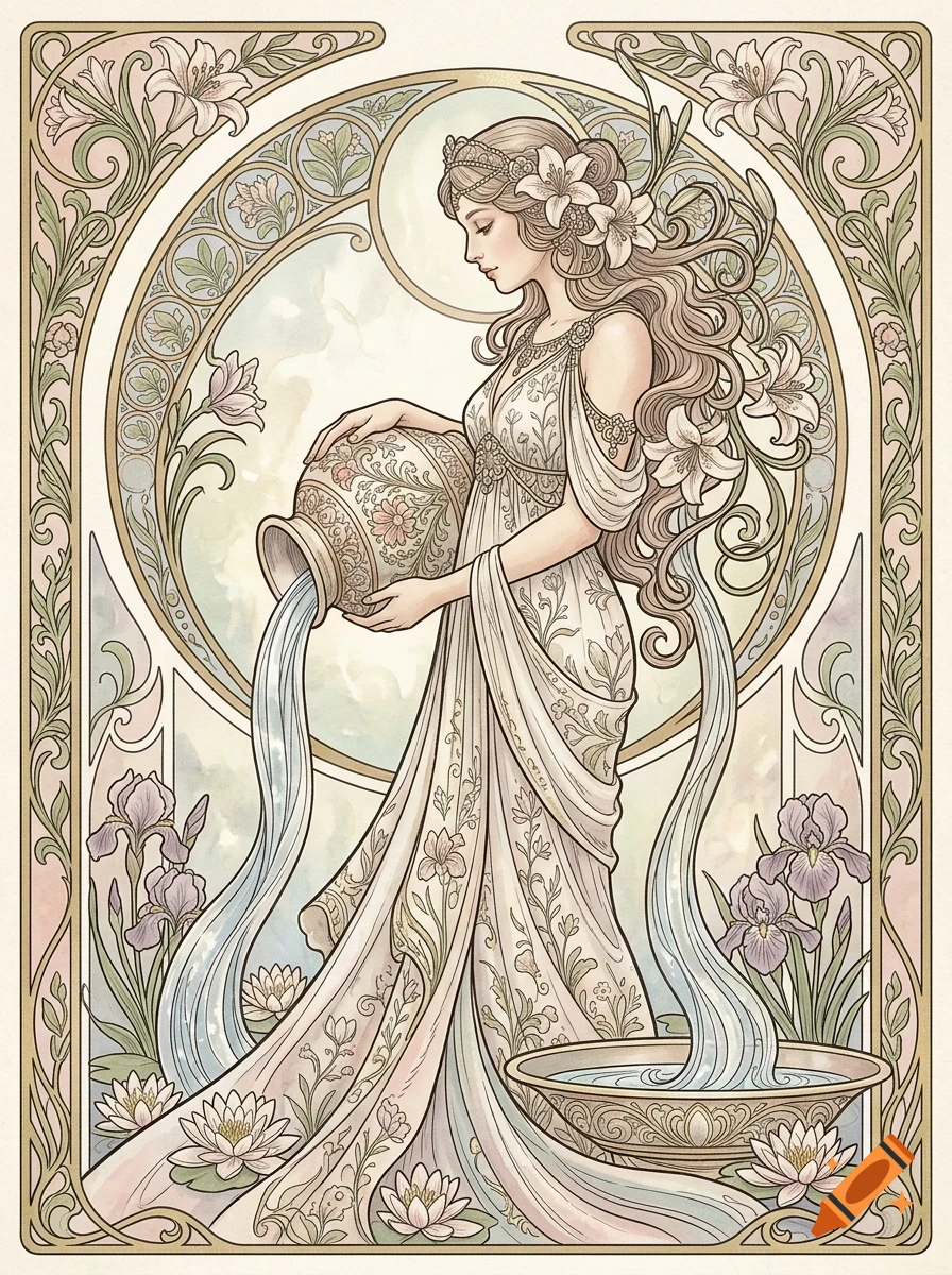 An Art Nouveau style illustration of a graceful woman pouring water from an ornate pitcher into a basin, surrounded by floral motifs and decorative borders.