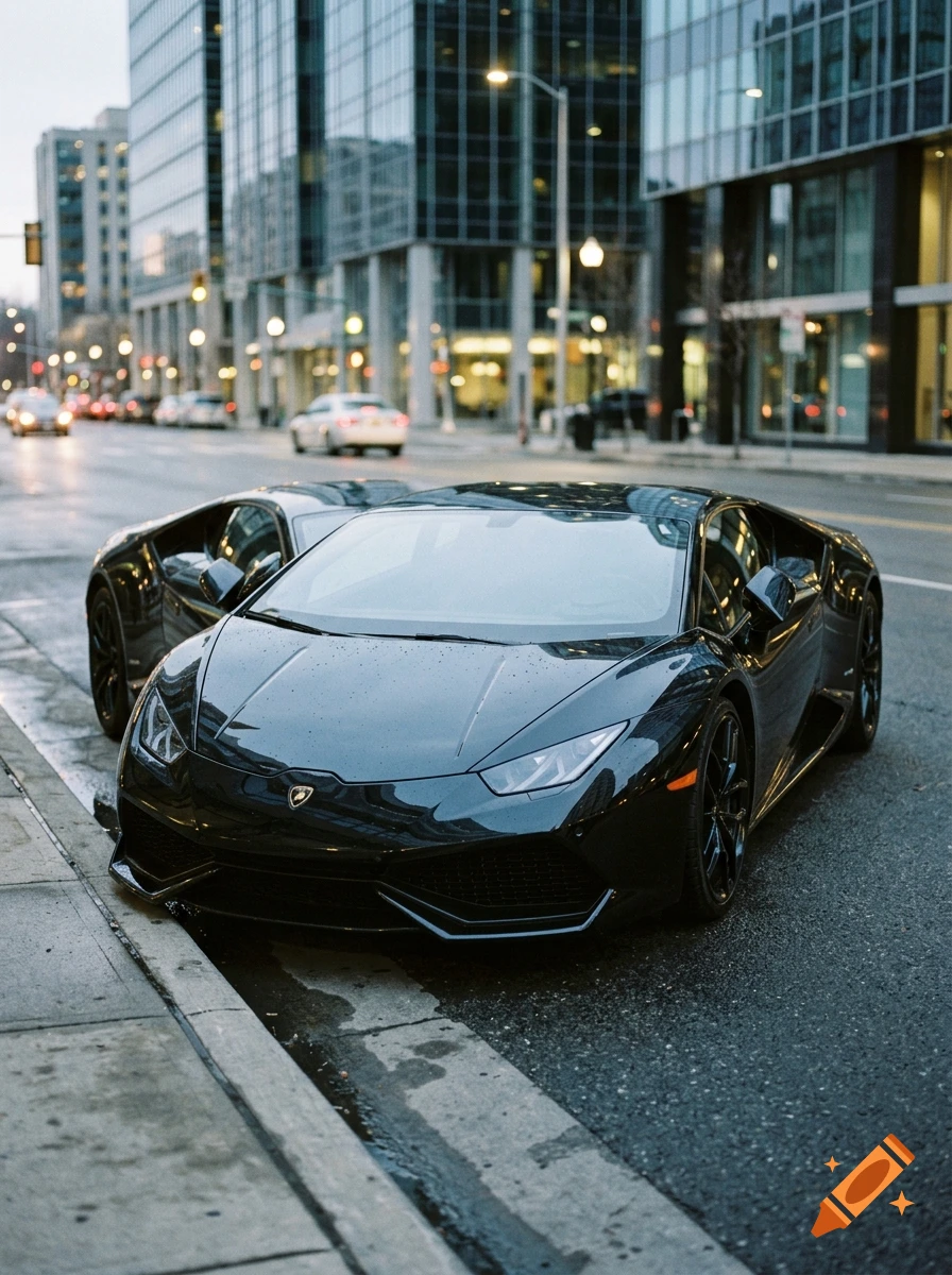 Photorealistic image of a sleek black Lamborghini parked on a wet city street lined with modern glass buildings.