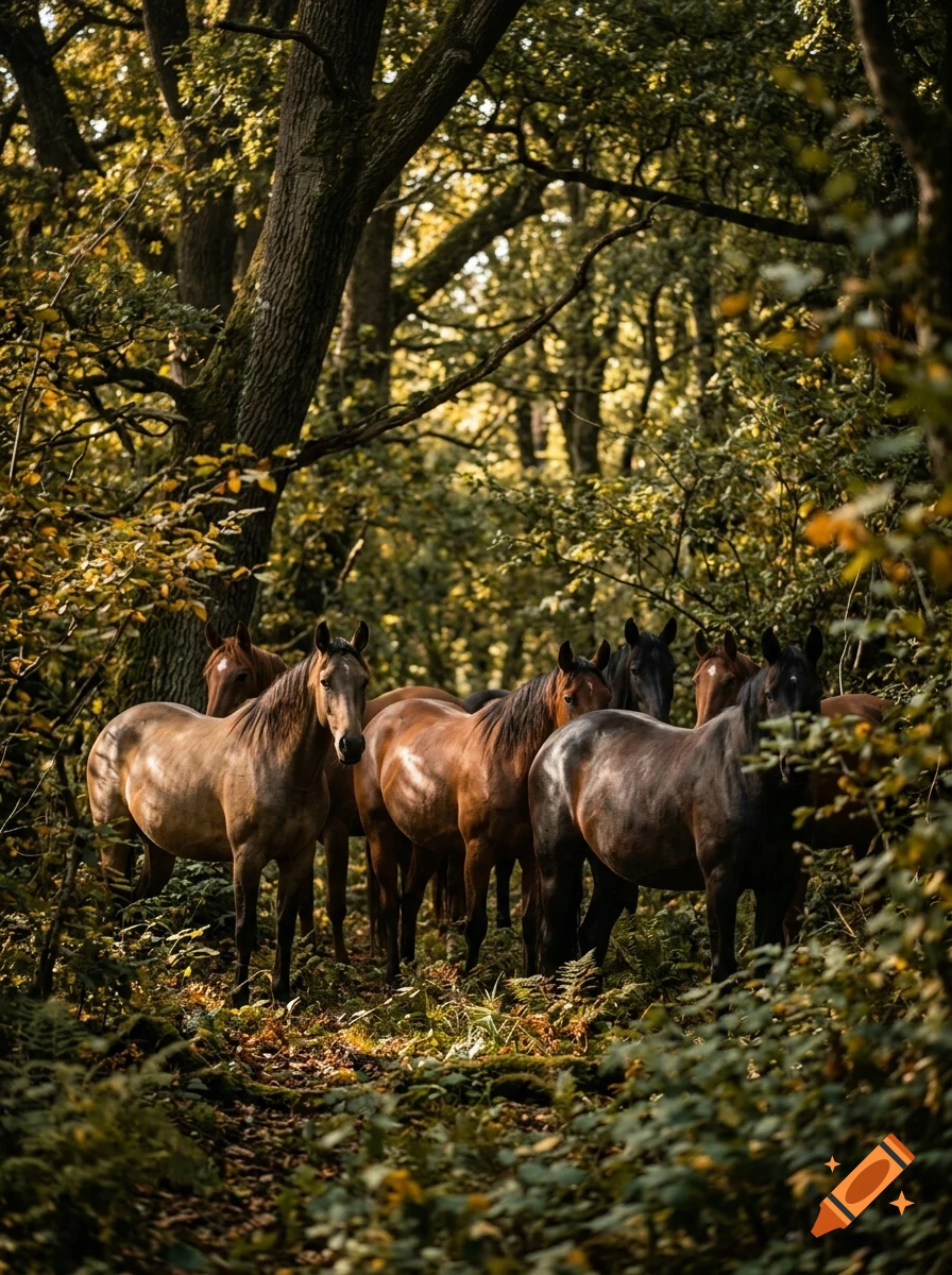 A herd of horses stands among lush green trees and foliage in a forest.