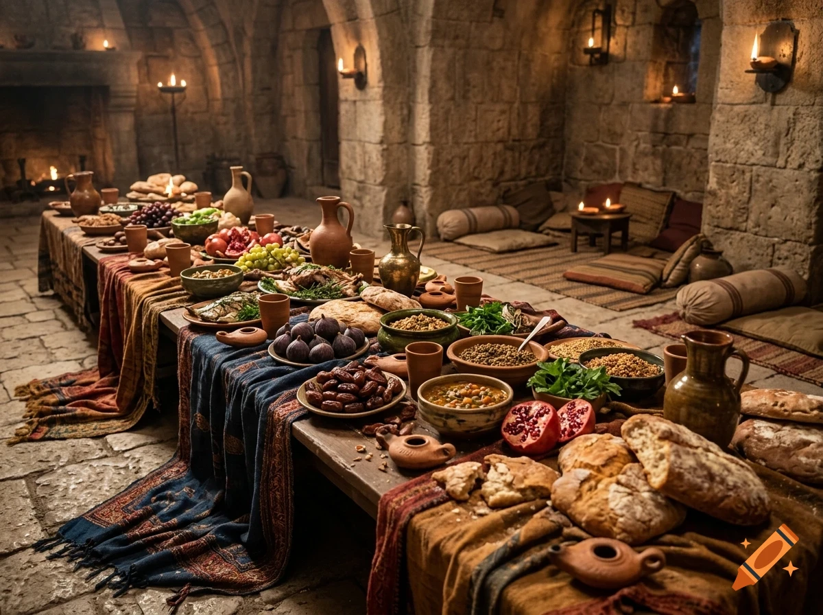 A long banquet table laden with medieval-style food, bread, fruit, and pottery in a stone hall.