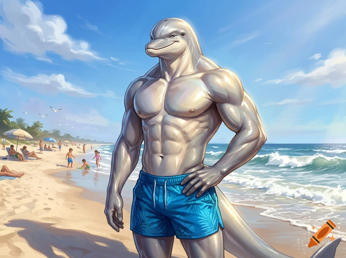 An anthropomorphic dolphin with a muscular build wearing blue swim trunks poses on a sunny beach, with the ocean and people in the background.