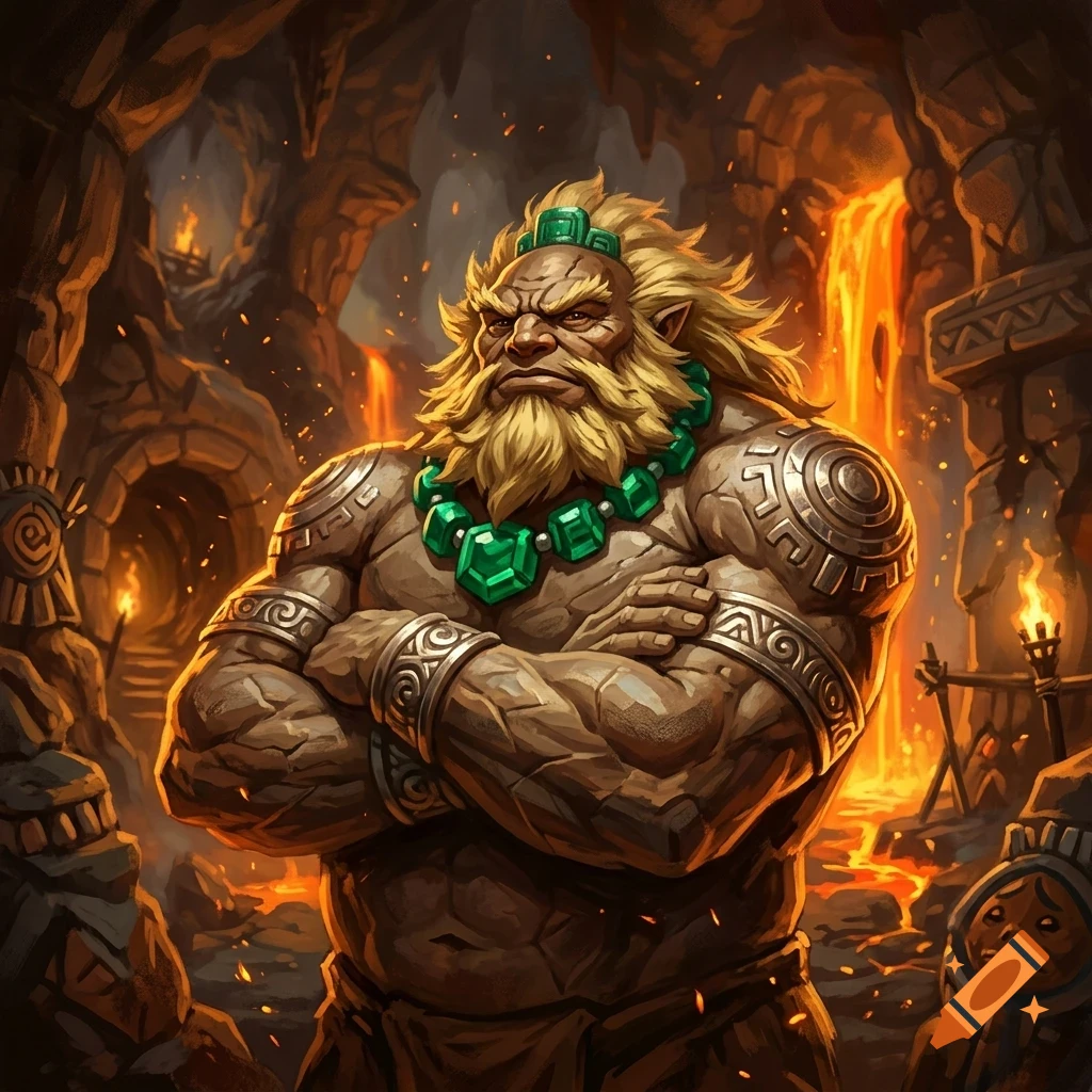 A muscular fantasy creature with stone-like skin, blonde hair, and a green gem necklace stands with arms crossed inside a cavern with glowing lava waterfalls.