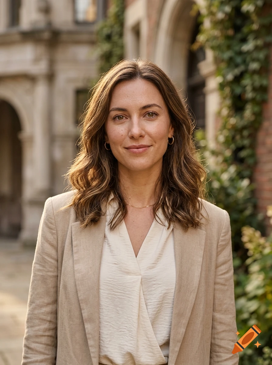 Photorealistic portrait of a smiling woman with shoulder-length brown hair, wearing a beige blazer, outdoors in front of a brick building.