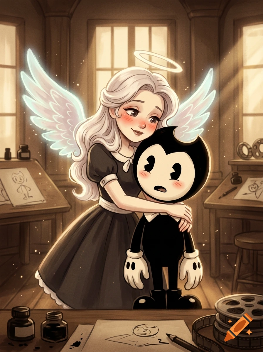 An angel with white hair and glowing wings hugging Bendy from behind in an artist's studio, digital illustration style.