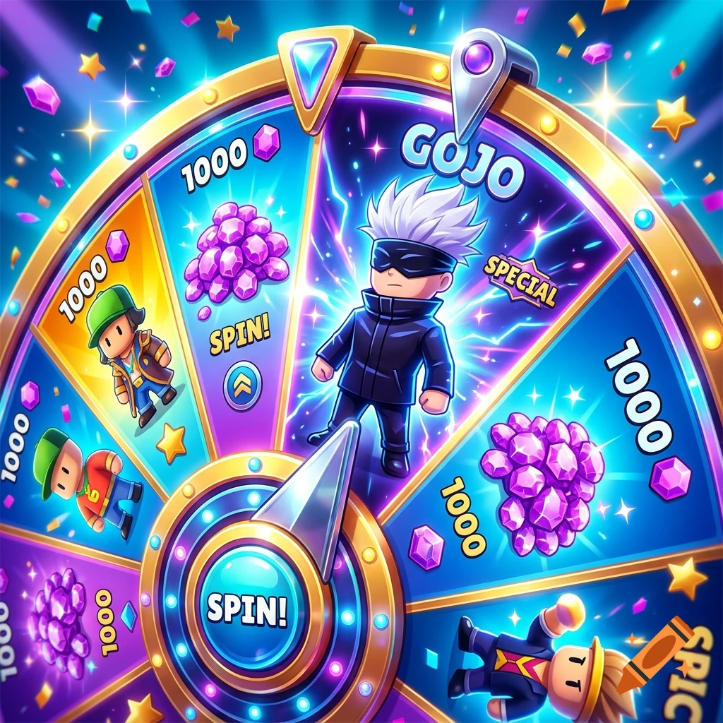 Colorful digital illustration of a prize wheel with Stumble Guys characters and gem bundles, featuring Gojo in the center.