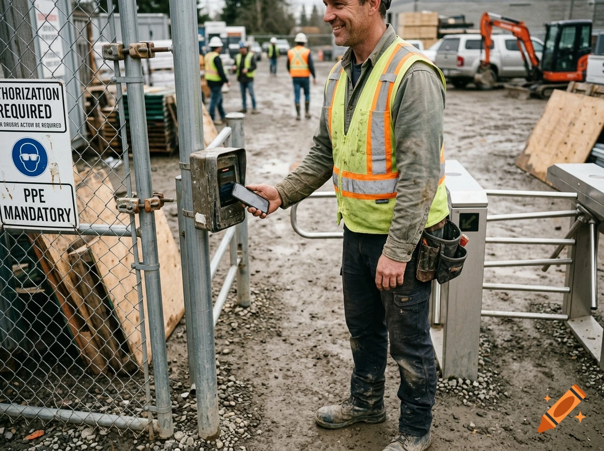 An employee in a high-visibility vest and work clothes using a phone to scan an access point at a construction site.