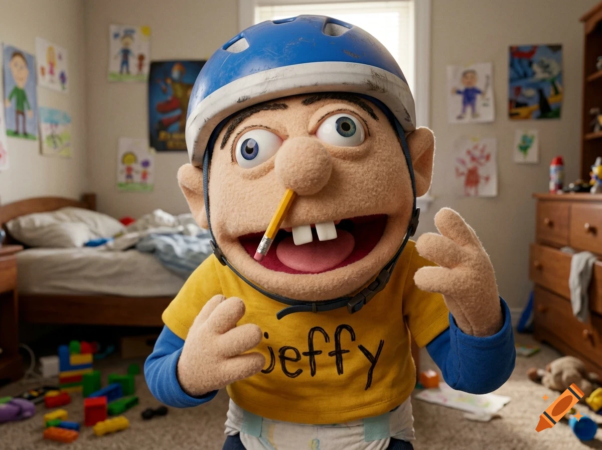 A felt puppet with a blue helmet, a pencil stuck in its nose, and a yellow shirt that says Jeffy.