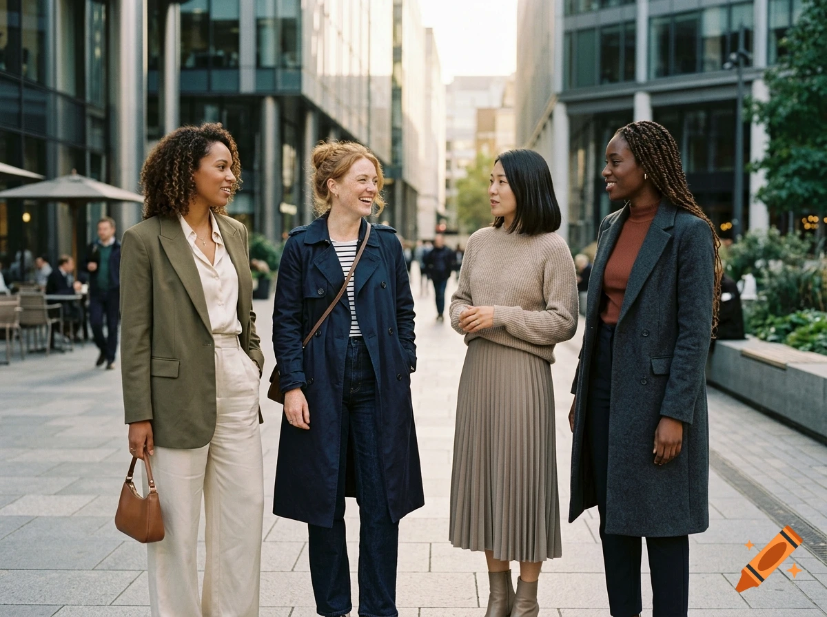 Four diverse young women in stylish coats and casual wear walking and talking together on a city street.