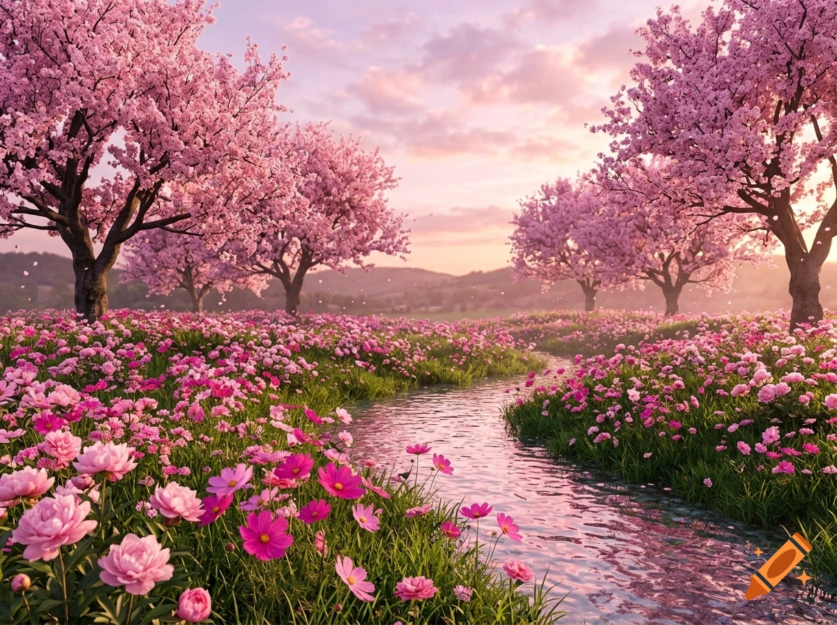 A tranquil landscape featuring a gentle stream winding through a vibrant field of pink flowers and lush green grass, flanked by blooming cherry blossom trees under a soft pink sunset sky.