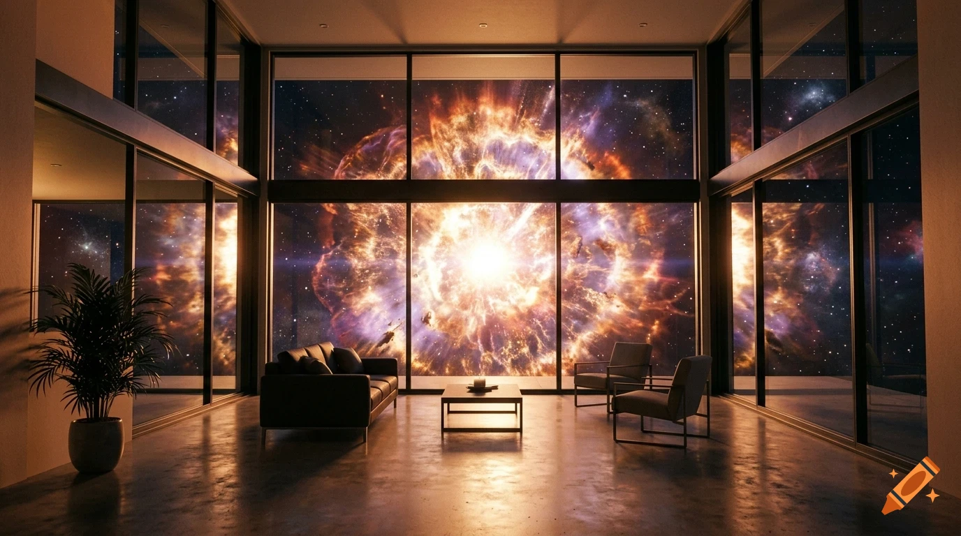 A modern living room with large glass windows overlooking a massive cosmic explosion in space.