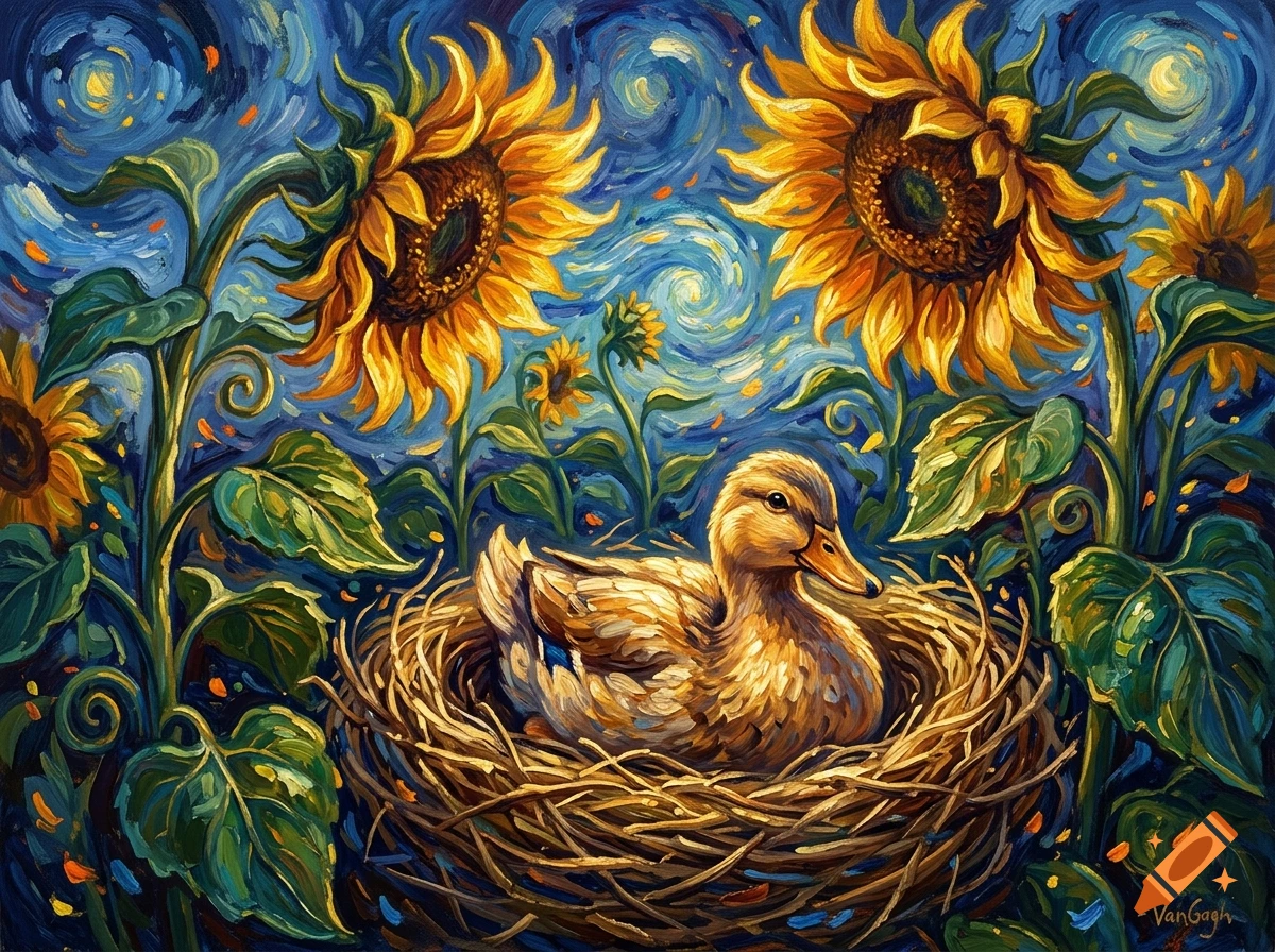 A duck sitting in a nest surrounded by sunflowers, in the style of Vincent van Gogh's Starry Night.