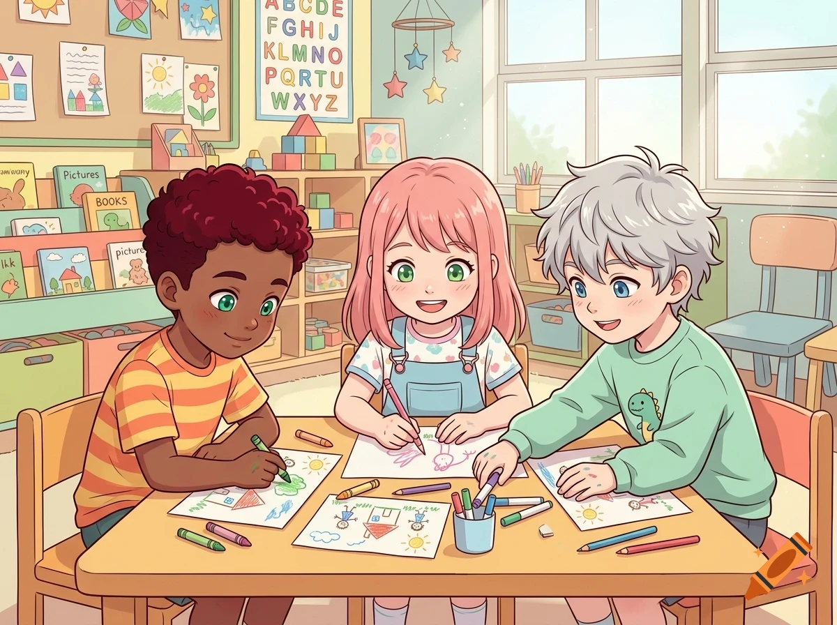 Three children are sitting at a table in a brightly lit classroom, drawing with markers and crayons on paper.