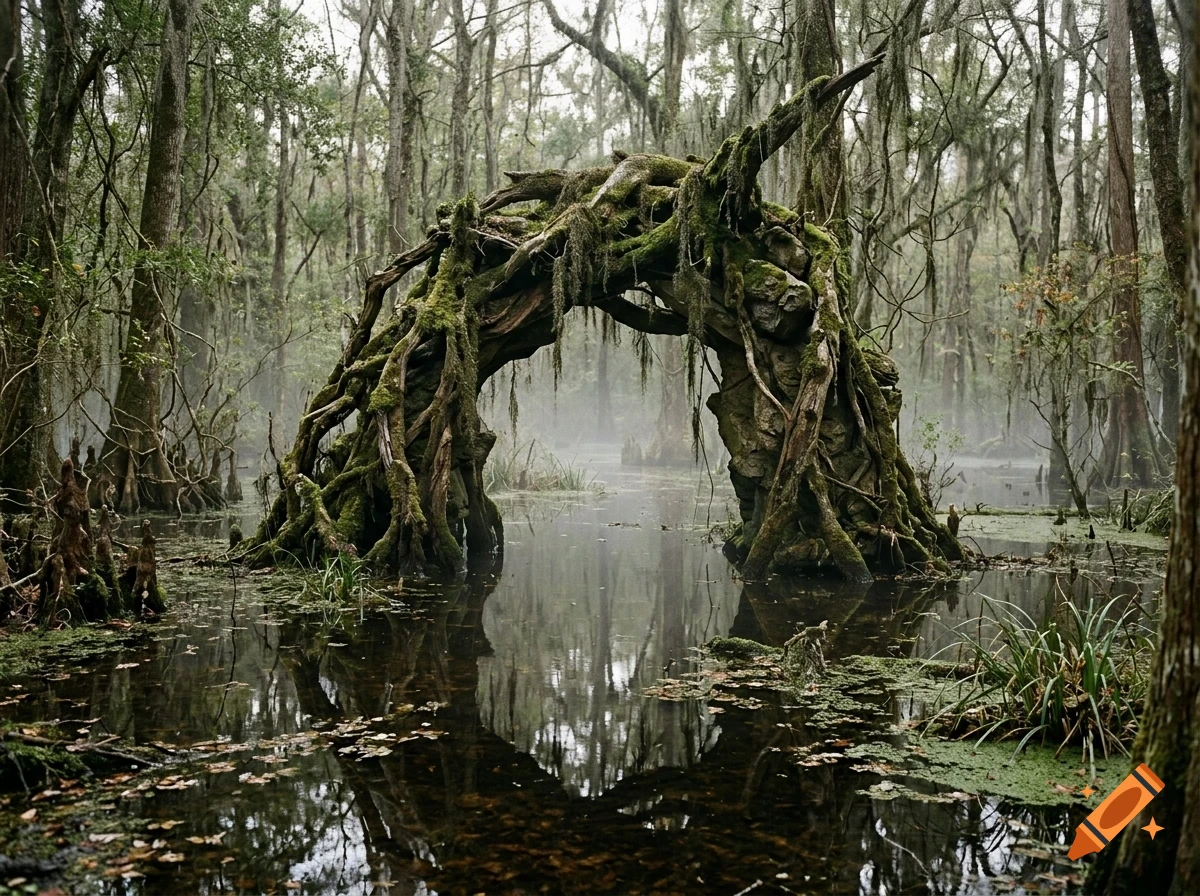 A rustic wooden arch covered in moss and tangled roots stands in the middle of a misty swamp surrounded by cypress trees.