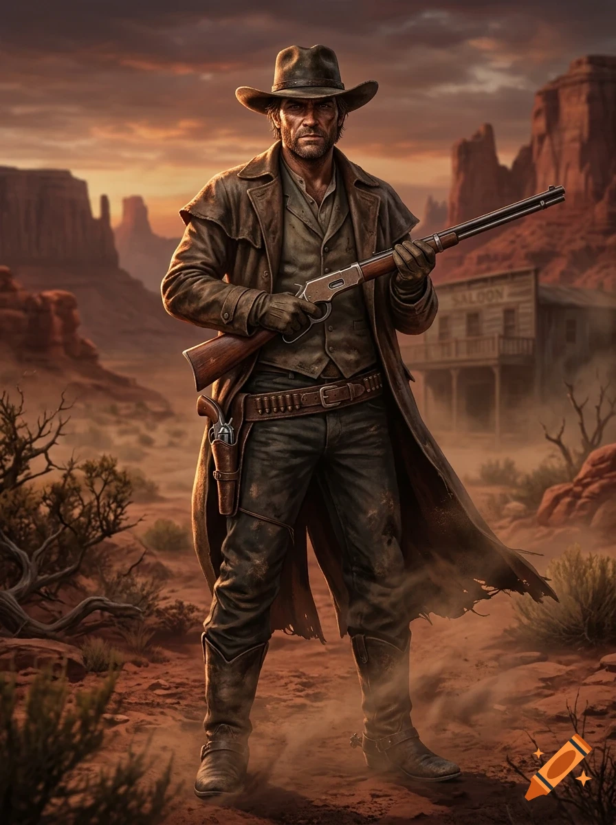 A cowboy with a rifle and holster standing in a desert landscape with a saloon in the background during sunset.