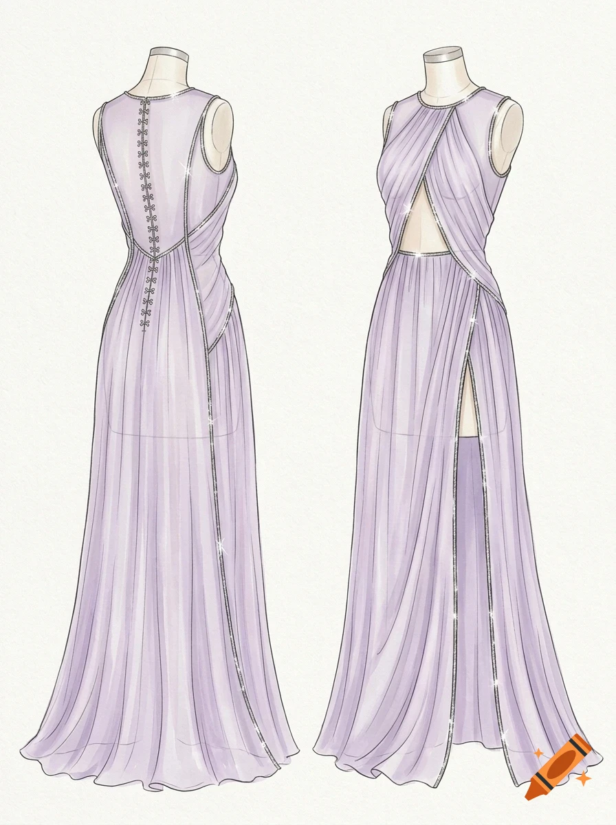 Illustration of a light purple floor-length evening gown shown from the front and back on dressmaker mannequins.