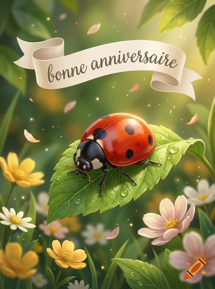 A red ladybug with black spots rests on a green leaf surrounded by colorful spring flowers under a banner with French text.
