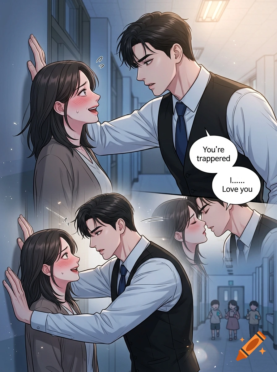 Korean webtoon style comic panels showing a man cornering a blushing woman against a wall in a school hallway.