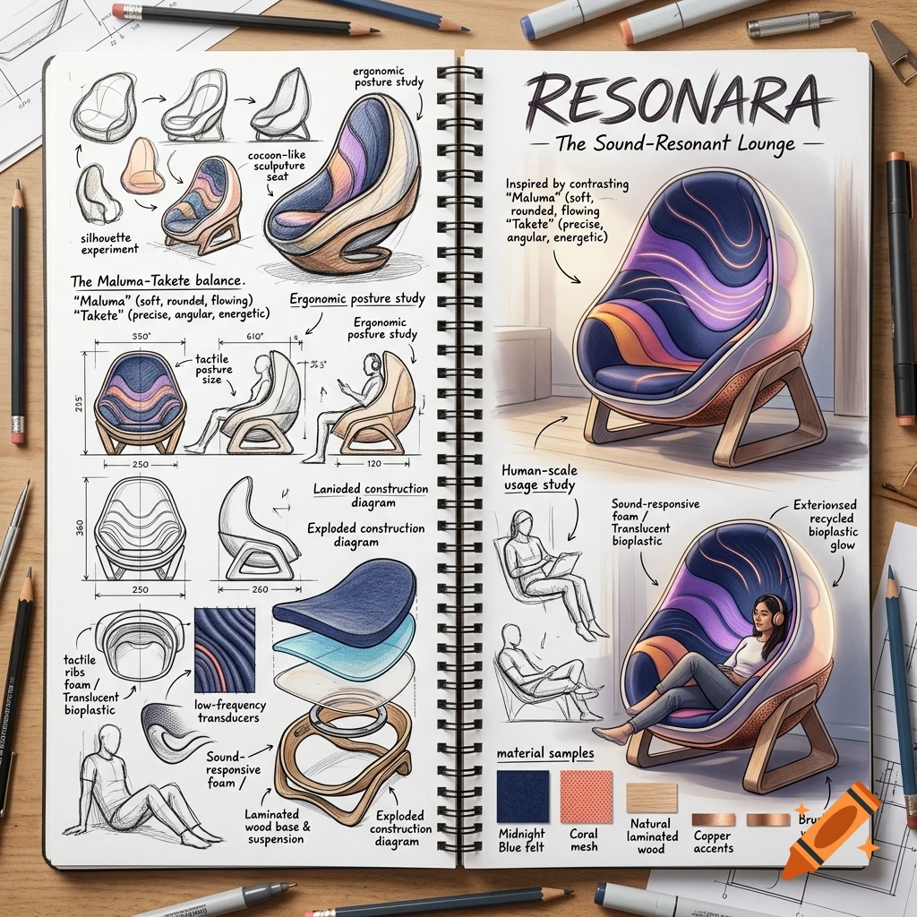 Sketchbook double-page spread showing concept designs and colored illustrations of an ergonomic sound-responsive lounge chair named 'Resonara'.